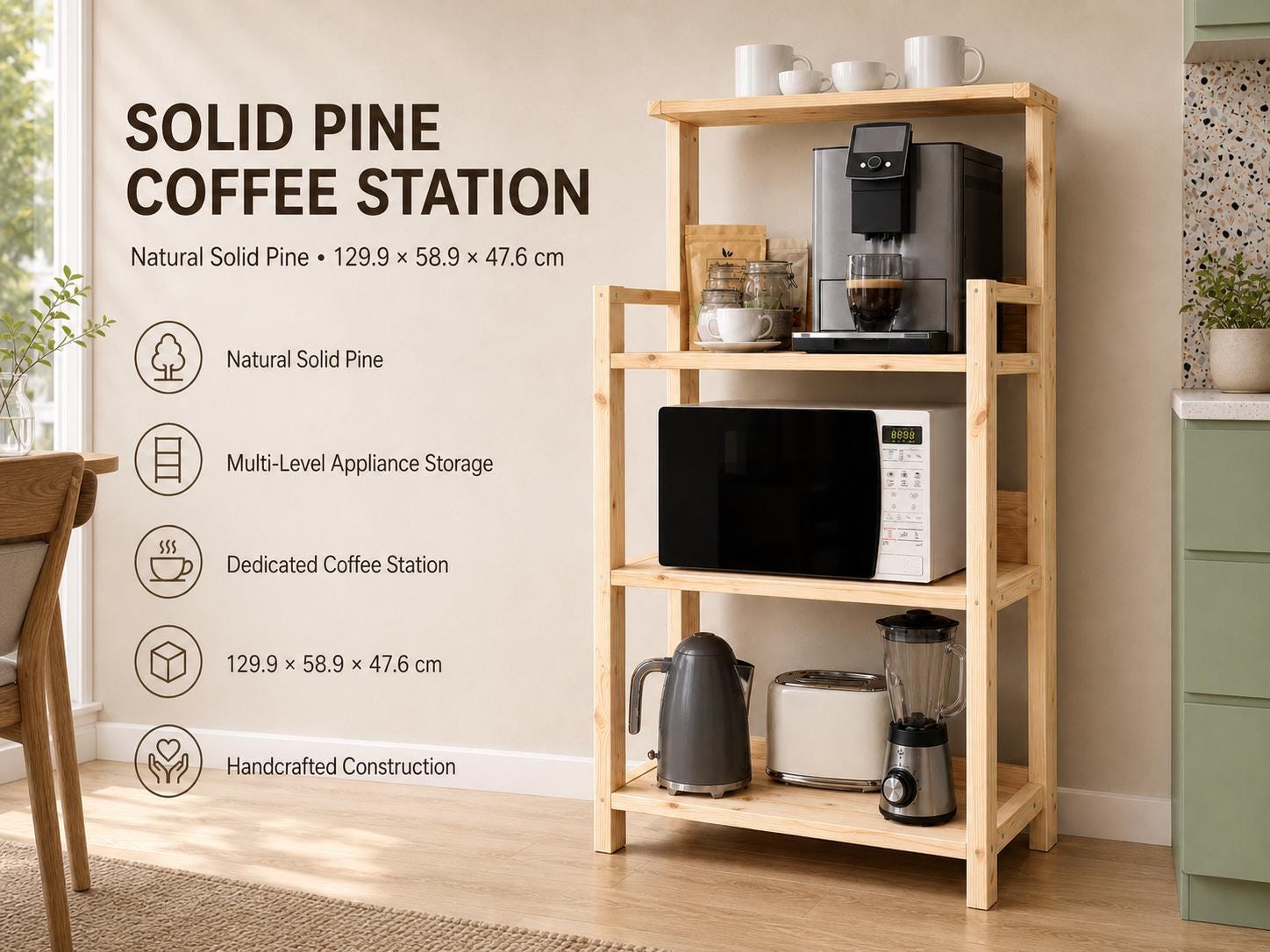 Solid Pine Coffee Station | Three-Tier Rustic Kitchen Shelf Organizer