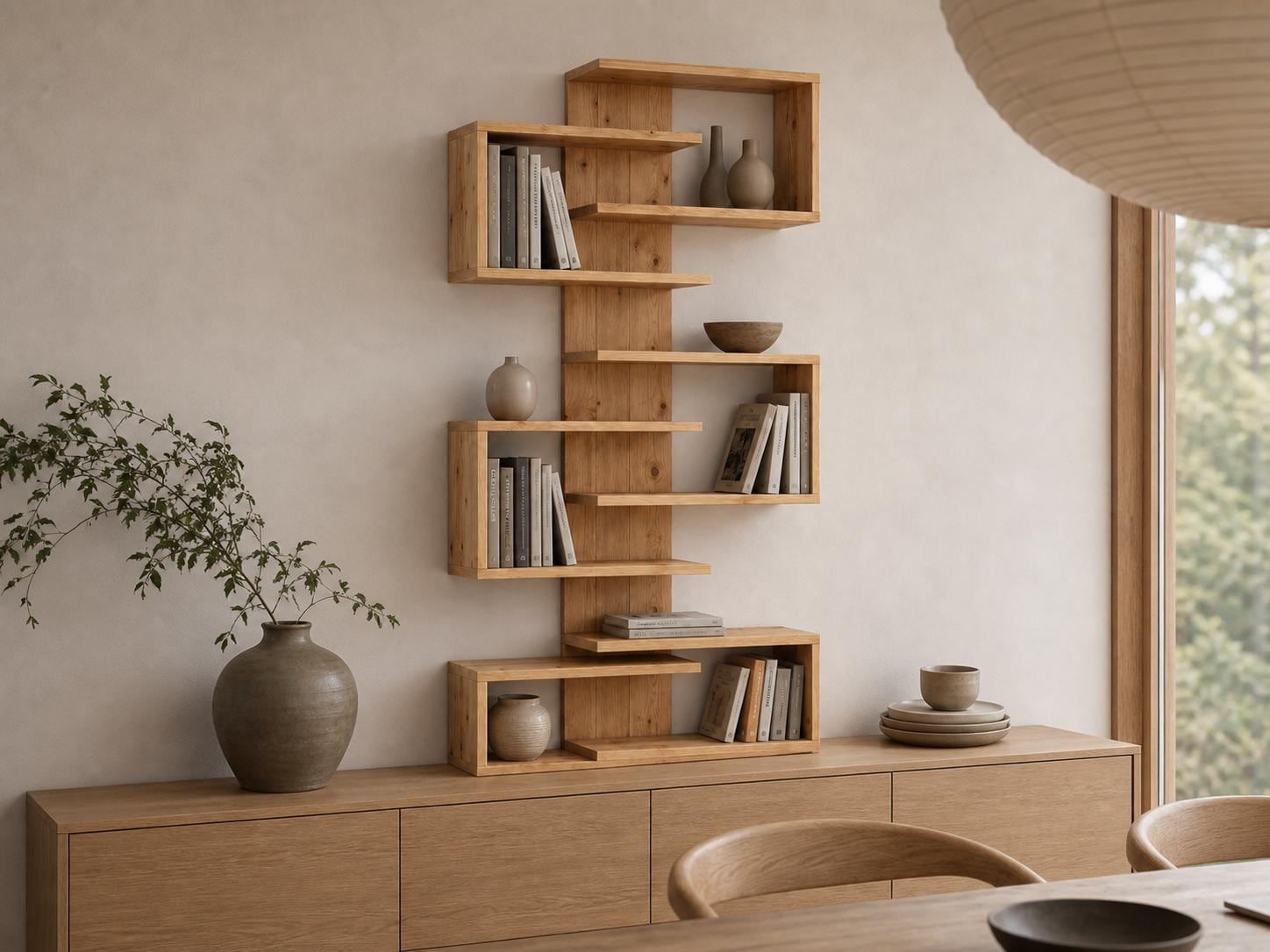 Natural Solid Pine 6-Shelf Corner Bookshelf | Asymmetric Wall-Mounted Design, Rustic Modern Furniture