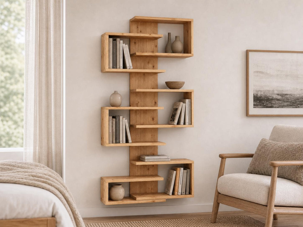 Natural Solid Pine 6-Shelf Corner Bookshelf | Asymmetric Wall-Mounted Design, Rustic Modern Furniture