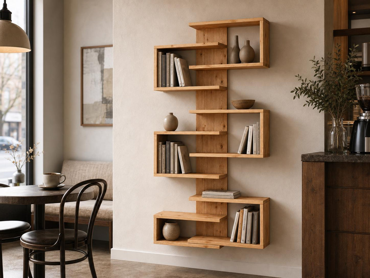 Natural Solid Pine 6-Shelf Corner Bookshelf | Asymmetric Wall-Mounted Design, Rustic Modern Furniture
