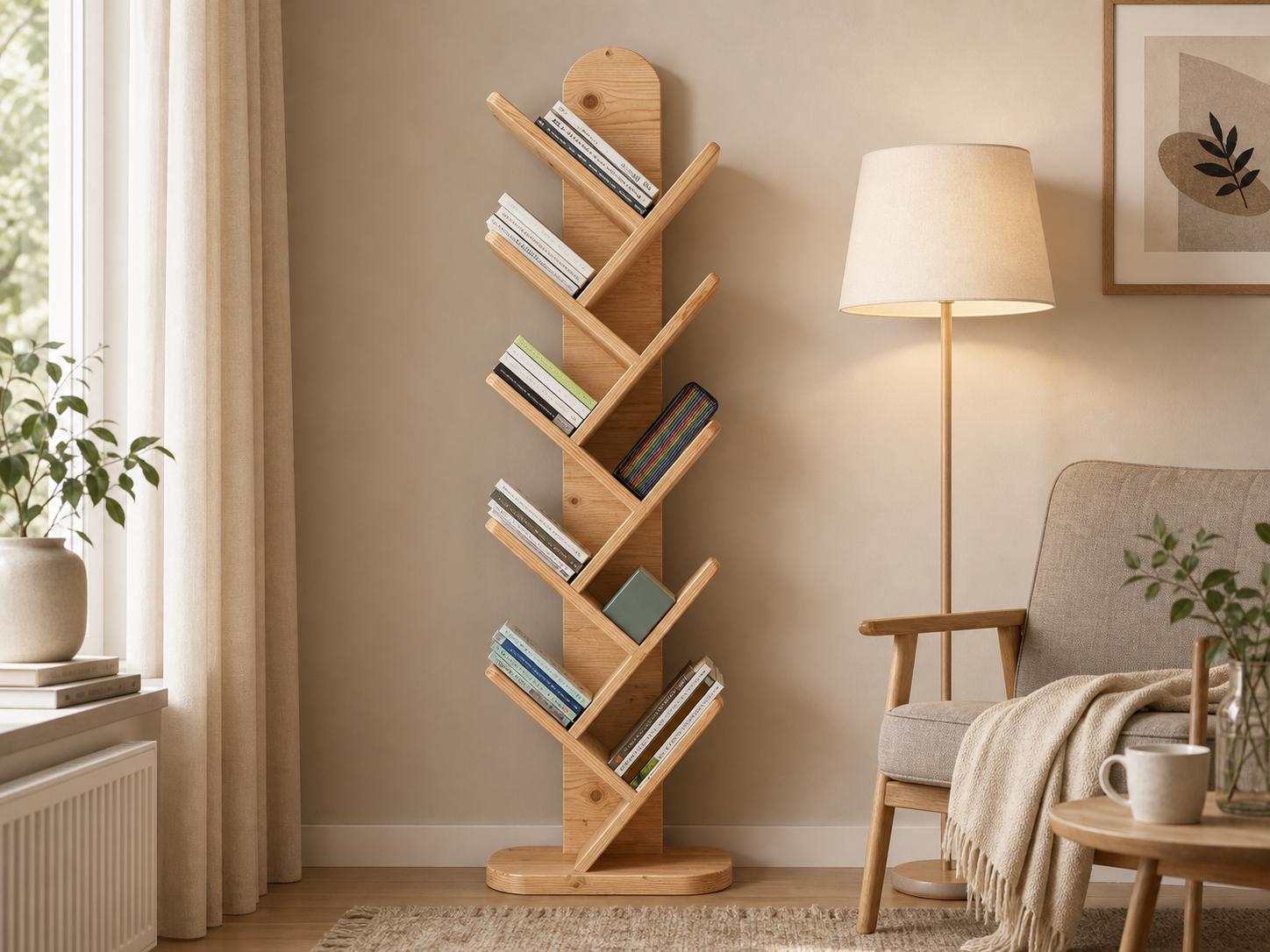 Solid Pine 10-Shelf Tree Bookshelf, Natural Rustic Modern Furniture, Small Space Organizer