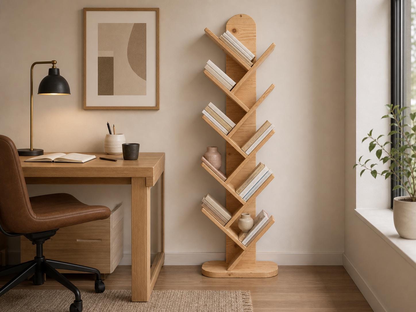 Solid Pine 10-Shelf Tree Bookshelf, Natural Rustic Modern Furniture, Small Space Organizer