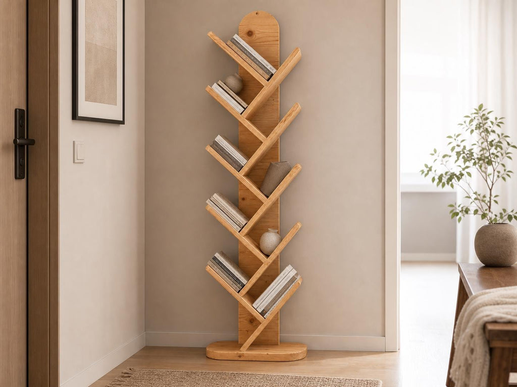 Solid Pine 10-Shelf Tree Bookshelf, Natural Rustic Modern Furniture, Small Space Organizer