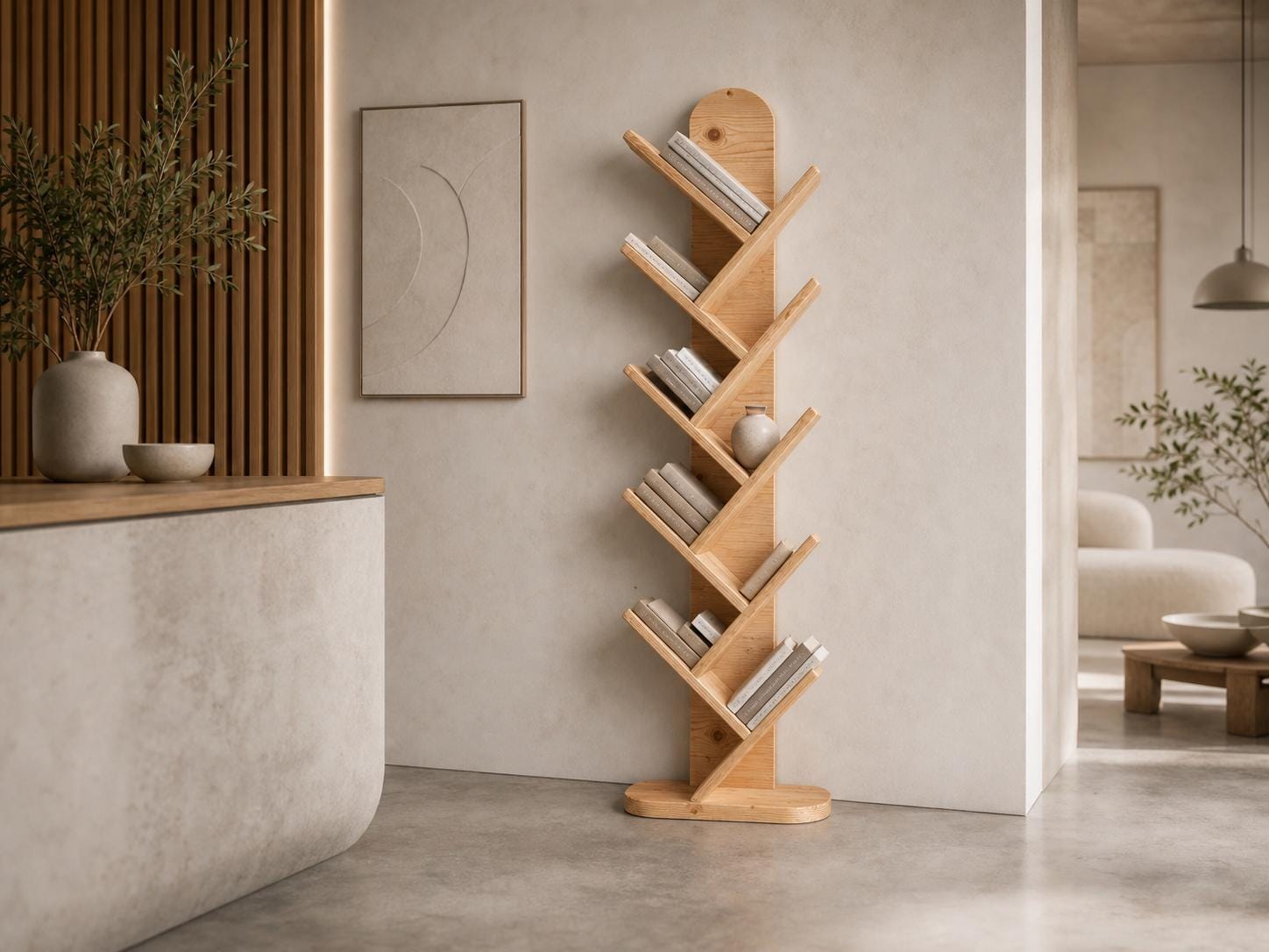 Solid Pine 10-Shelf Tree Bookshelf, Natural Rustic Modern Furniture, Small Space Organizer