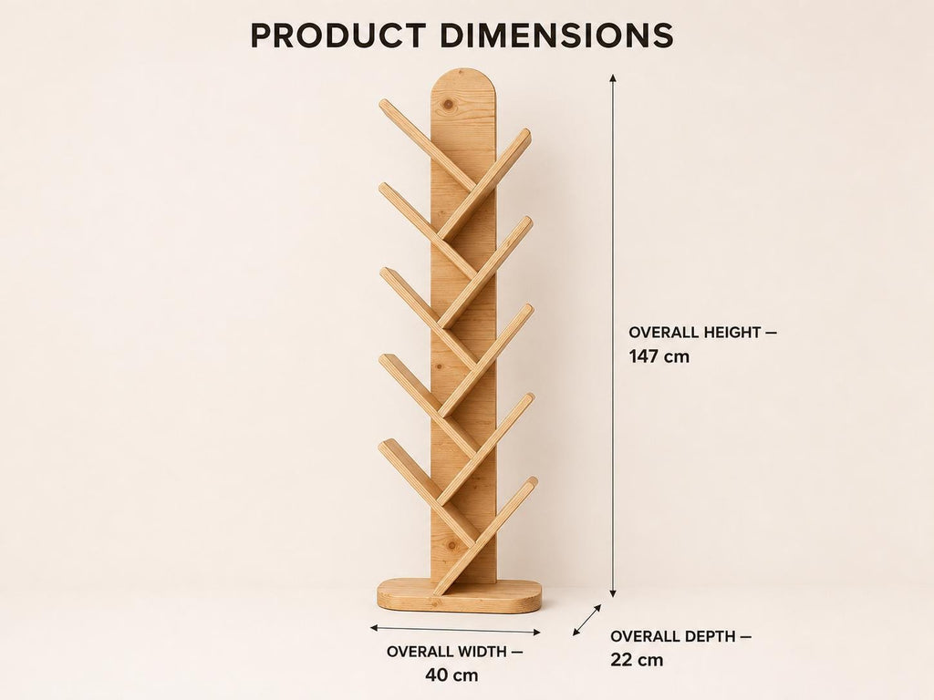Solid Pine 10-Shelf Tree Bookshelf, Natural Rustic Modern Furniture, Small Space Organizer
