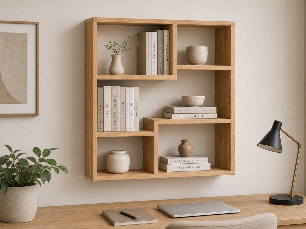 Solid Pine 5-Compartment Wall Shelf - Natural Wood Design