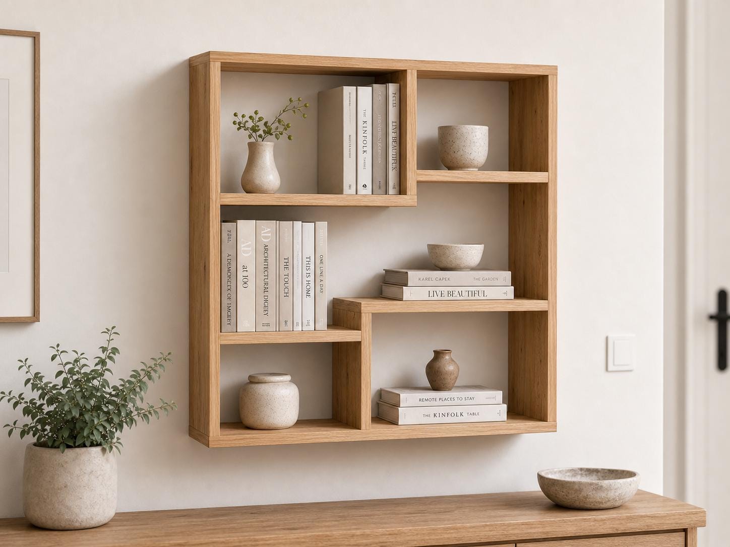 Solid Pine 5-Compartment Wall Shelf - Natural Wood Design