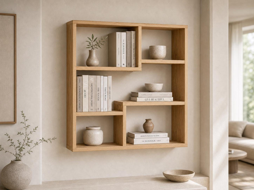 Solid Pine 5-Compartment Wall Shelf - Natural Wood Design
