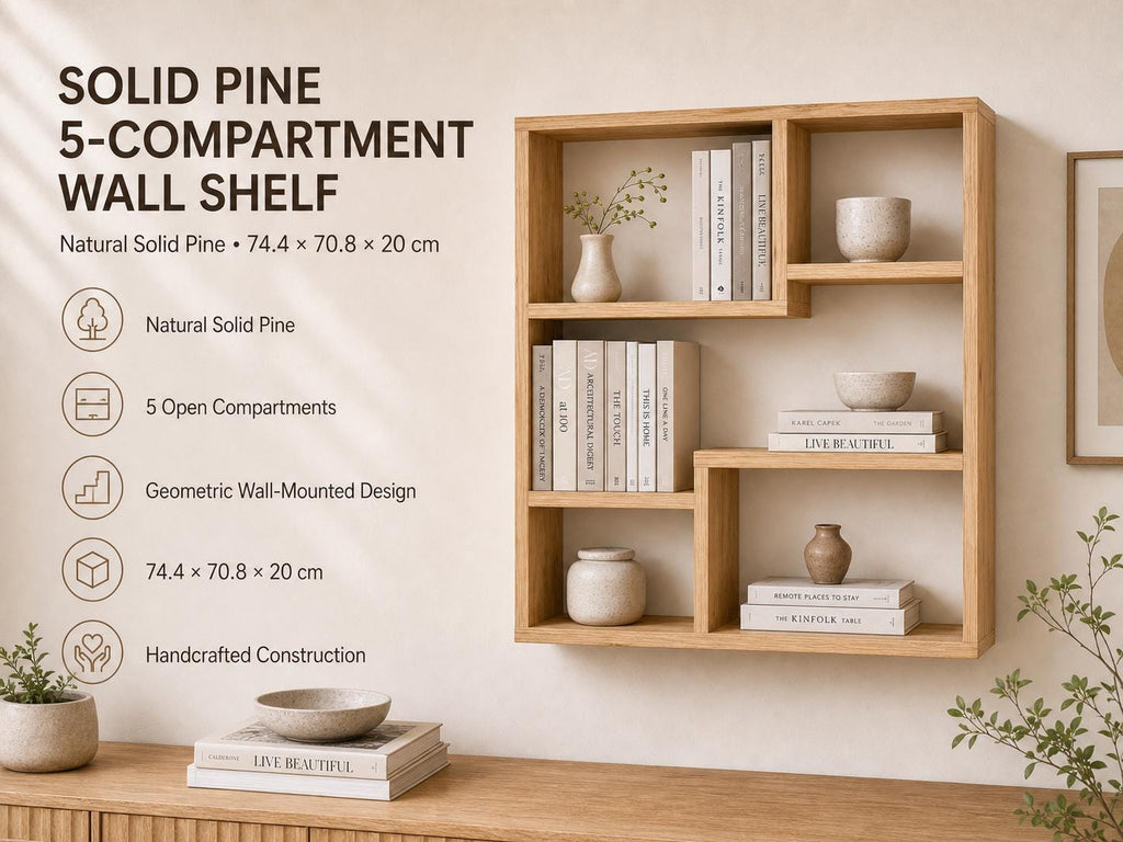 Solid Pine 5-Compartment Wall Shelf - Natural Wood Design