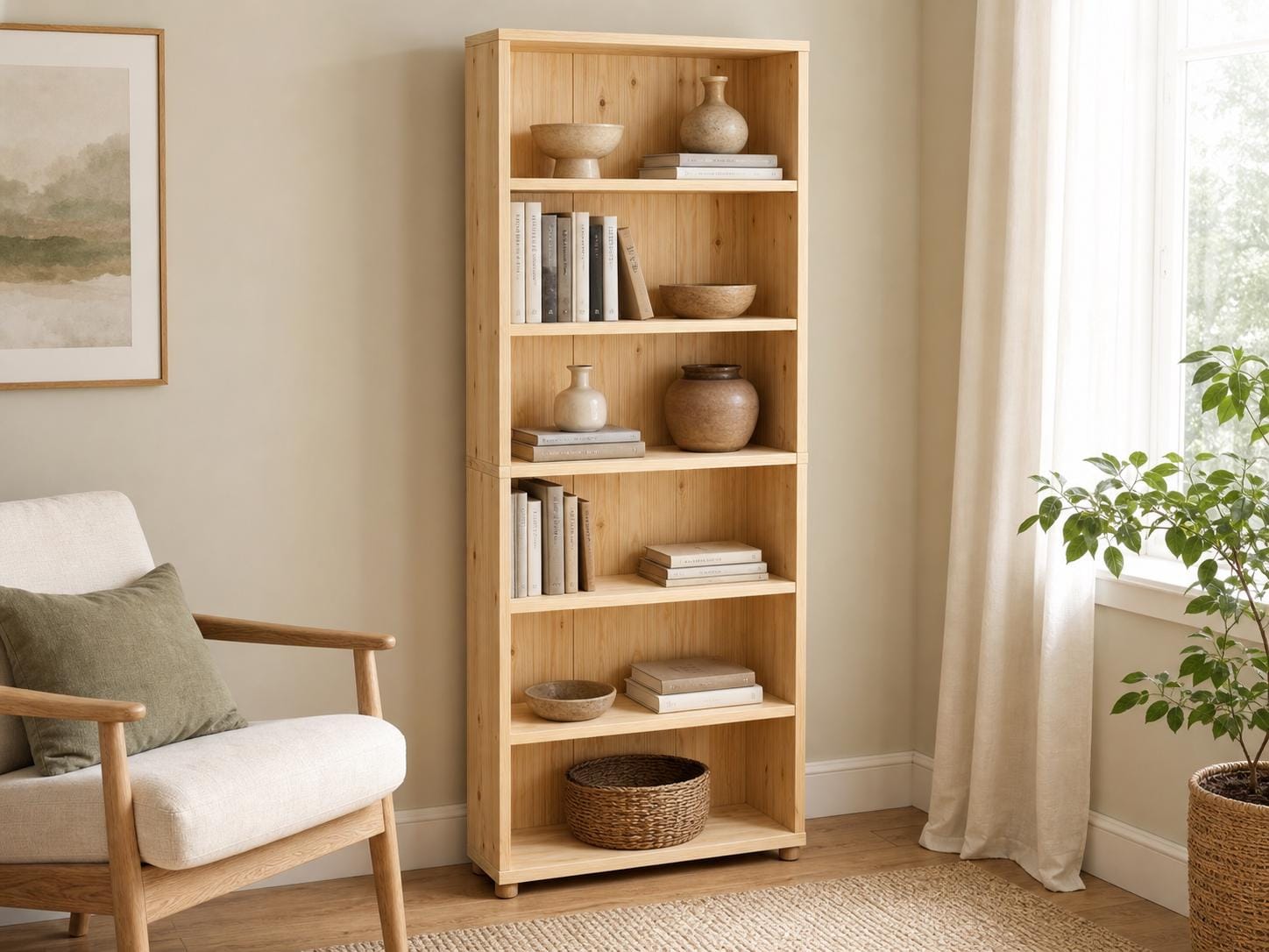 Solid Pine 6-Shelf Bookcase with Natural Finish