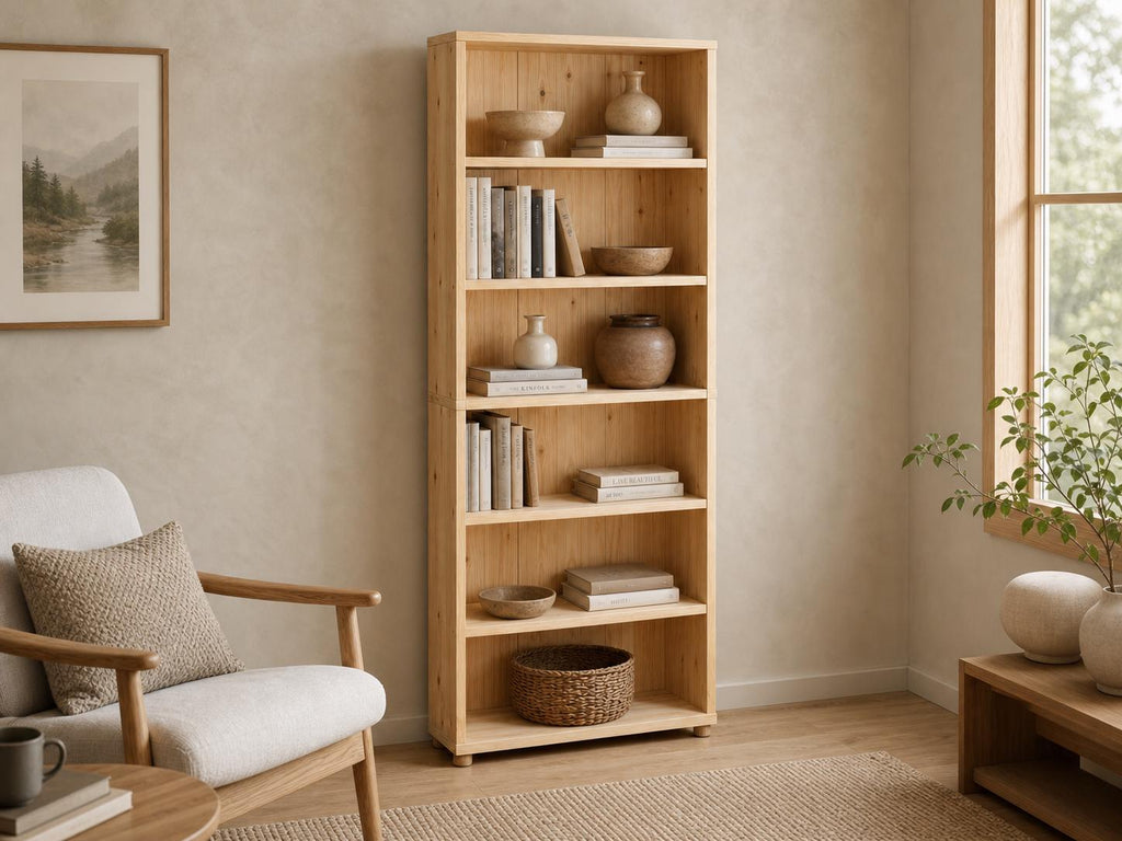 Solid Pine 6-Shelf Bookcase with Natural Finish