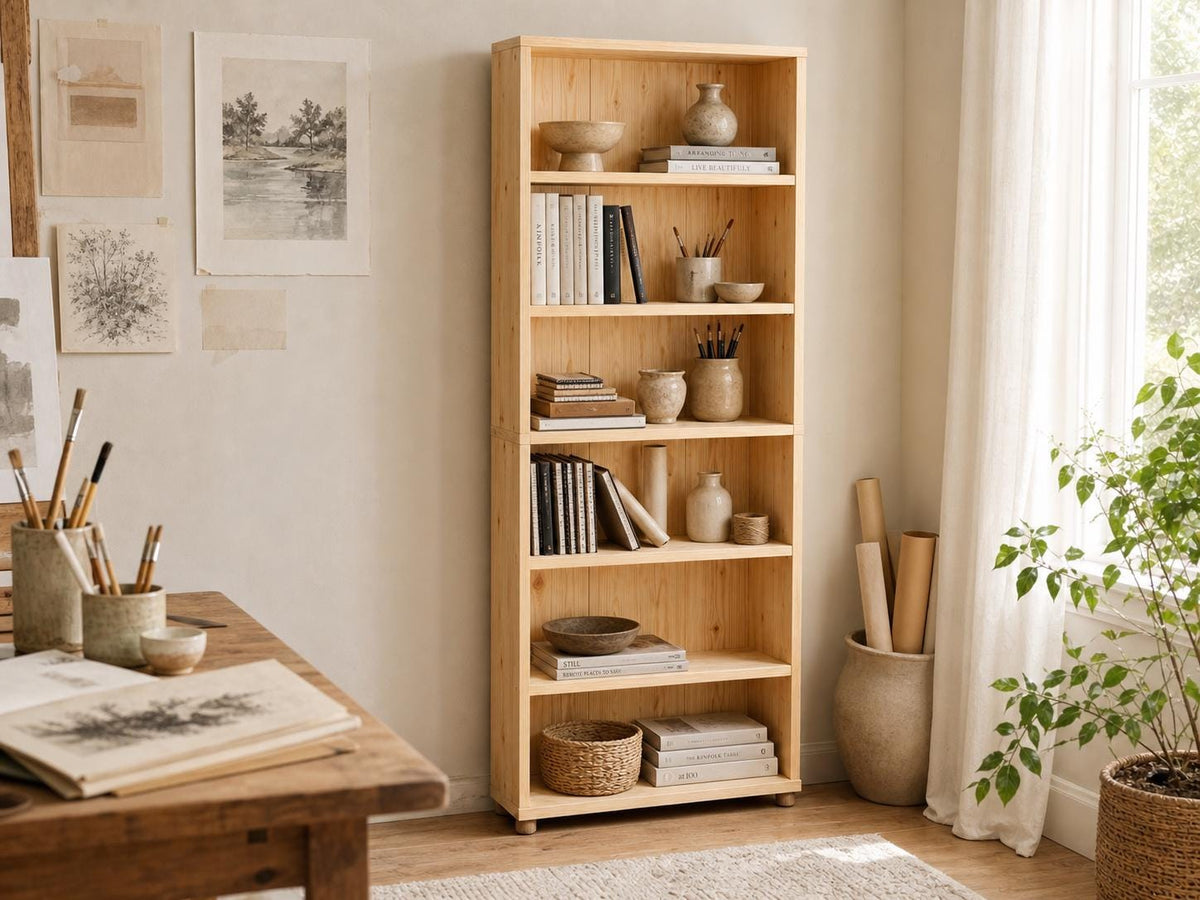 Solid Pine 6-Shelf Bookcase with Natural Finish