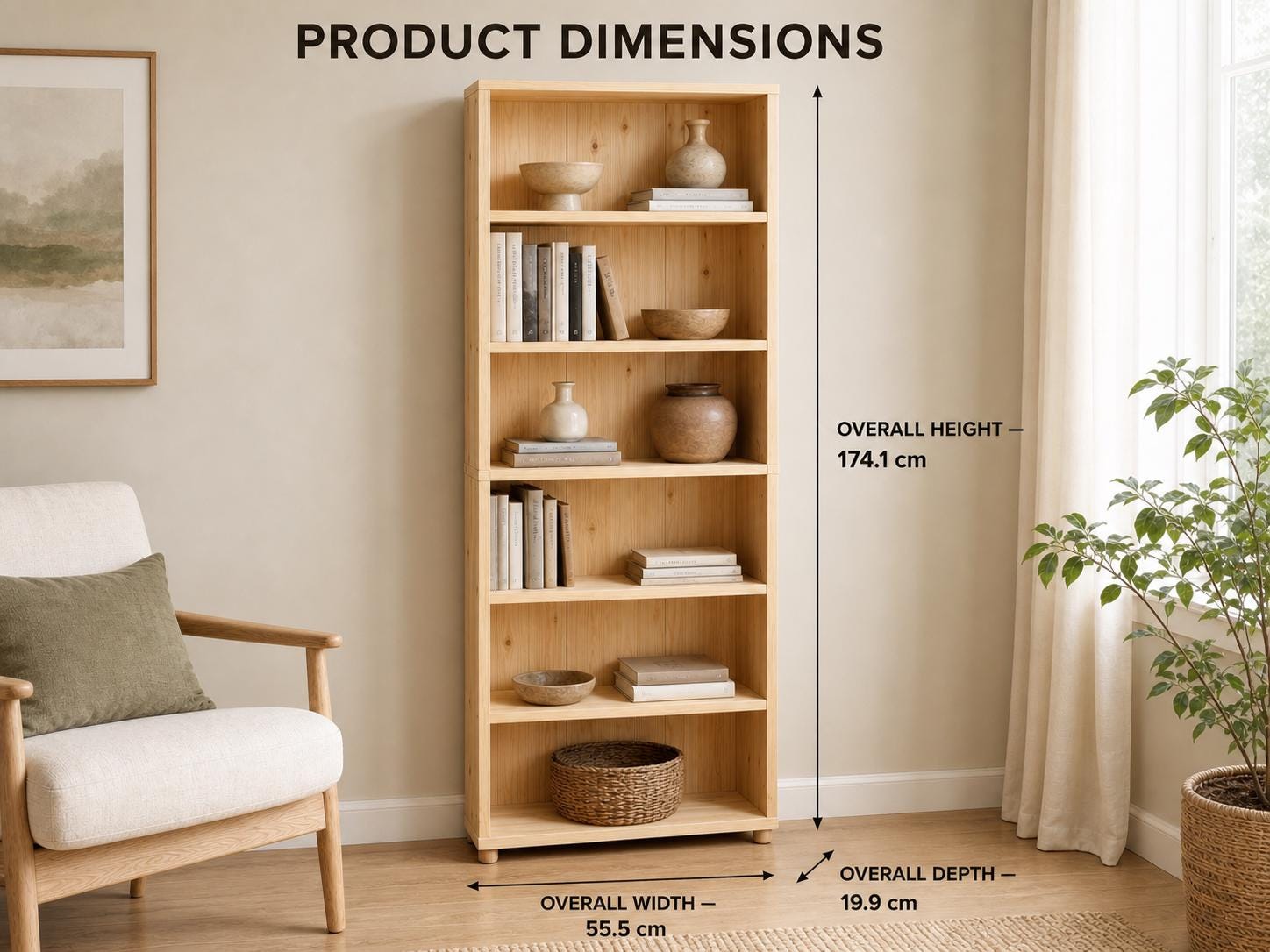 Solid Pine 6-Shelf Bookcase with Natural Finish