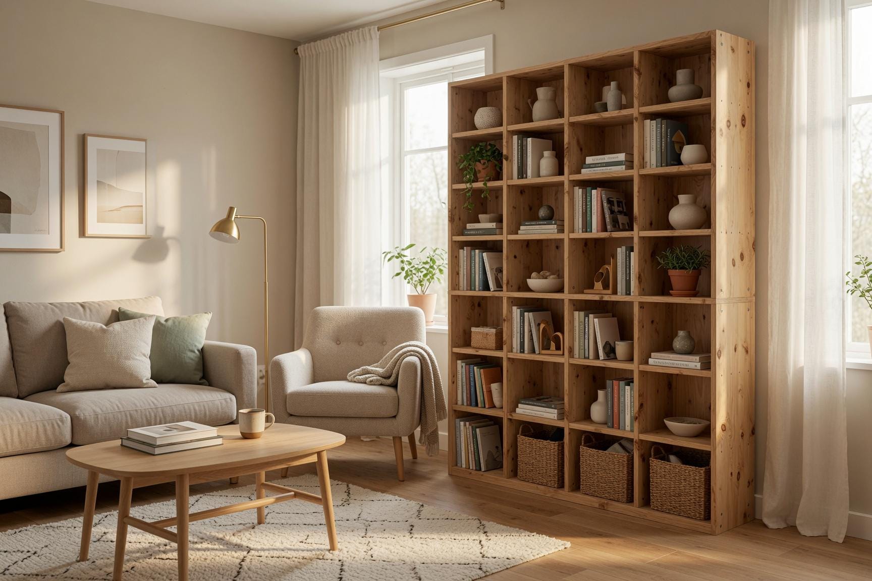 Wooden Bookshelf with Multiple Shelves — Natural pine 8x4