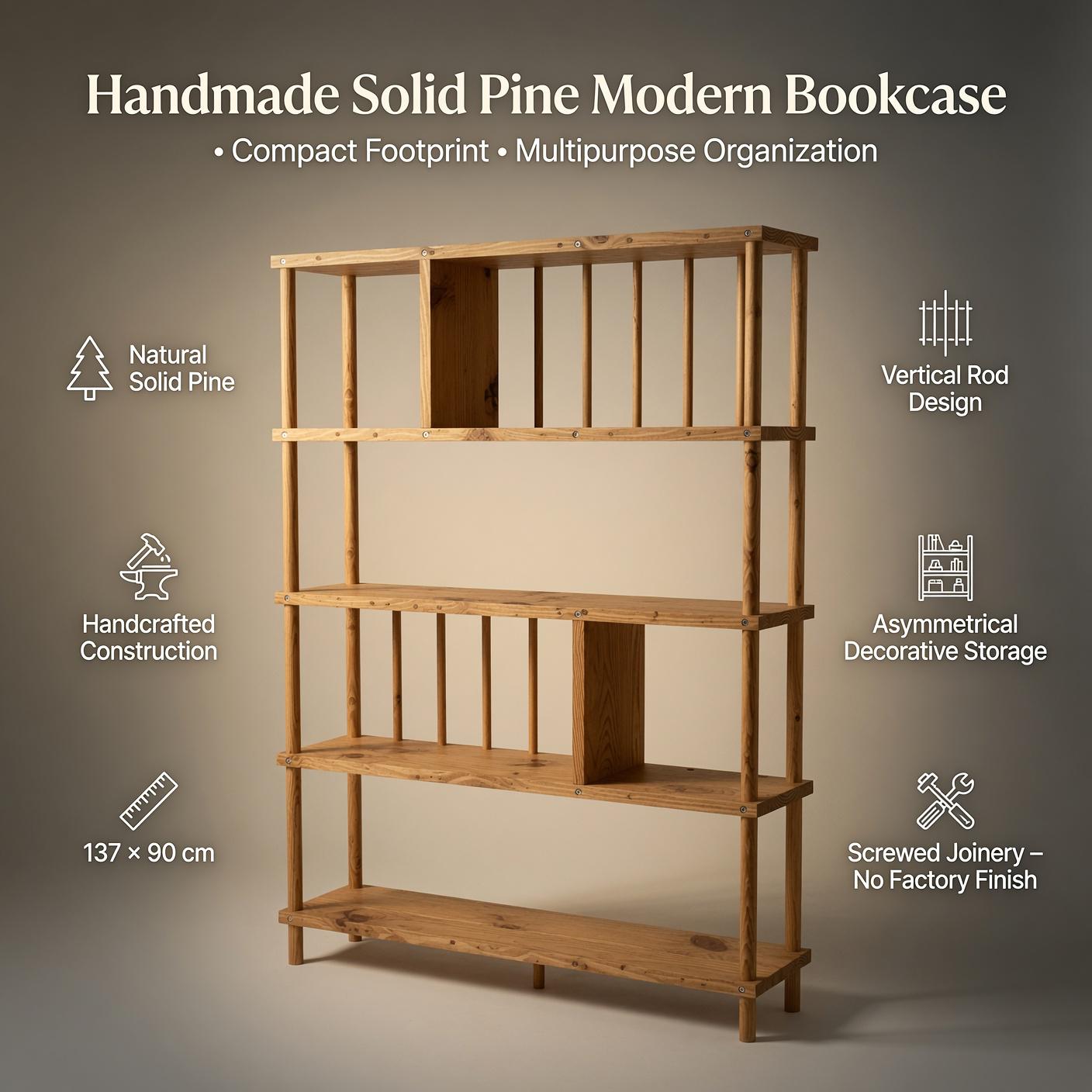 Handmade Solid Pine Bookcase with Vertical Rod Design
