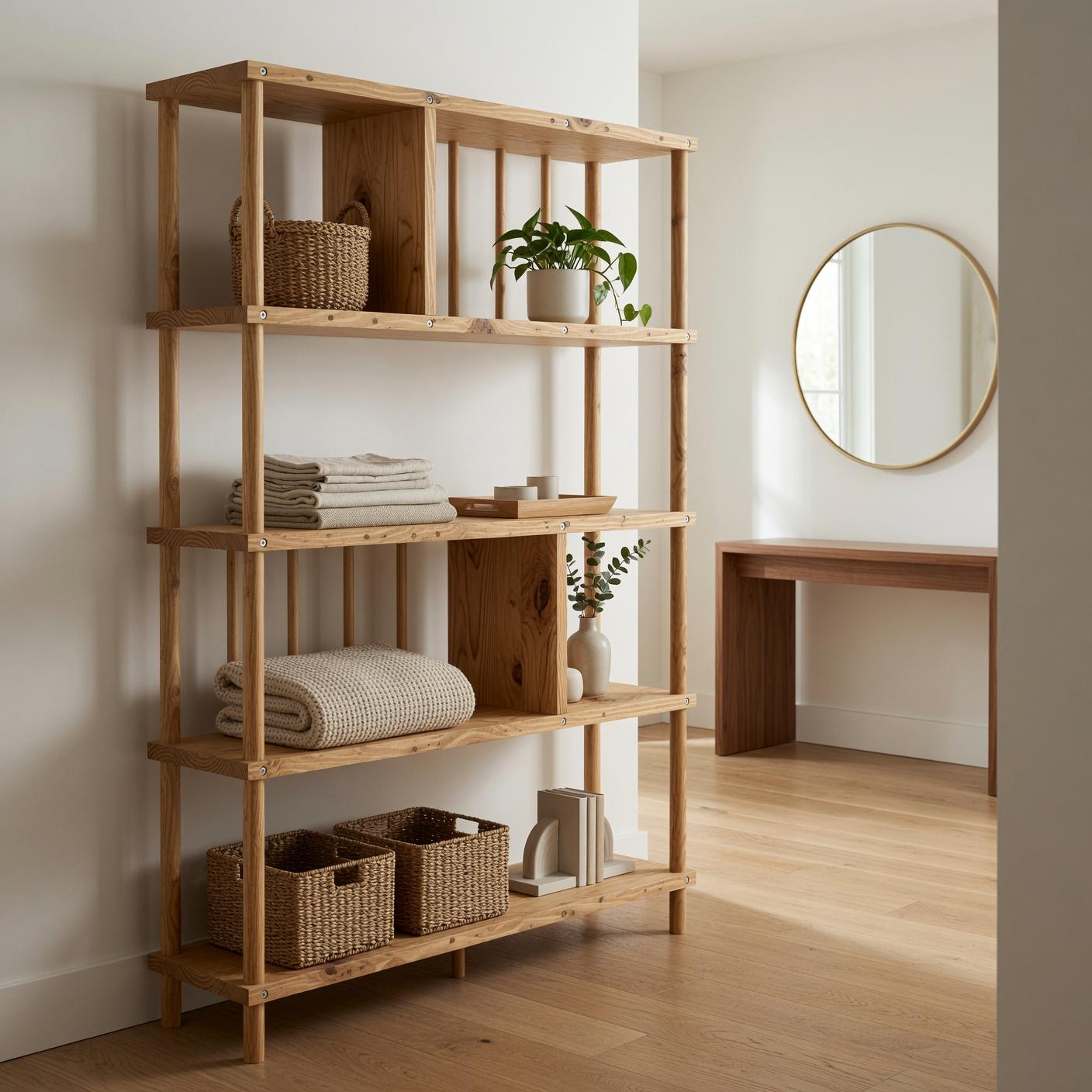 Handmade Solid Pine Bookcase with Vertical Rod Design