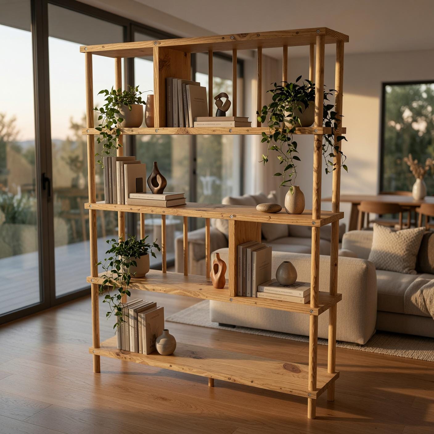 Handmade Solid Pine Bookcase with Vertical Rod Design