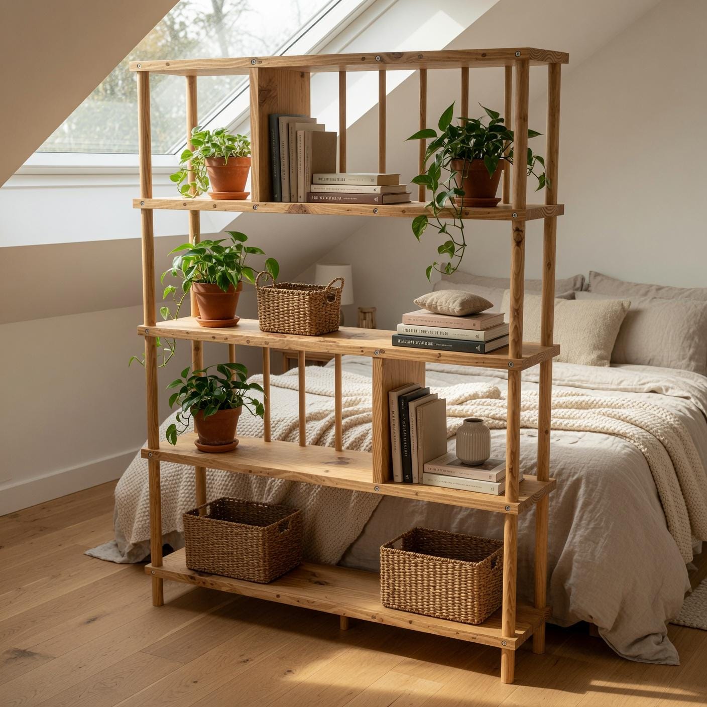 Handmade Solid Pine Bookcase with Vertical Rod Design
