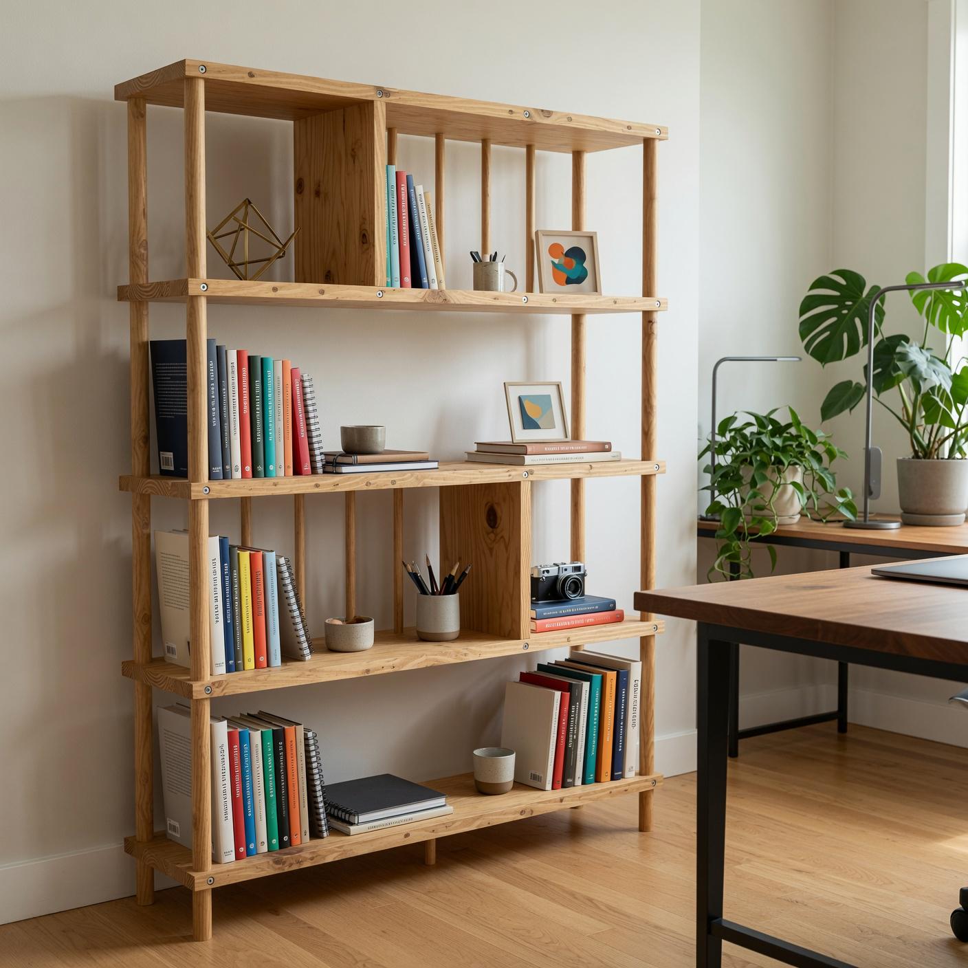 Handmade Solid Pine Bookcase with Vertical Rod Design