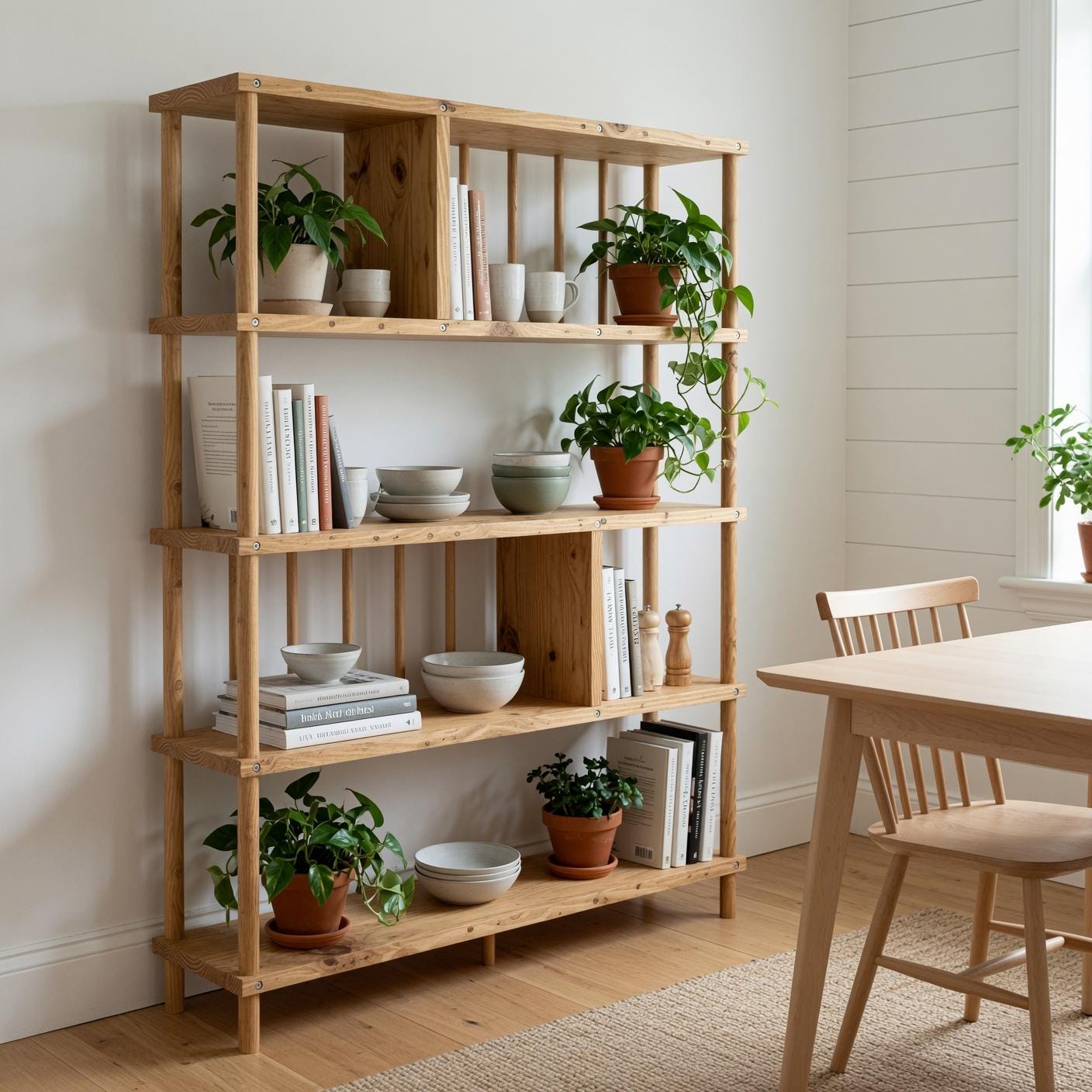 Handmade Solid Pine Bookcase with Vertical Rod Design
