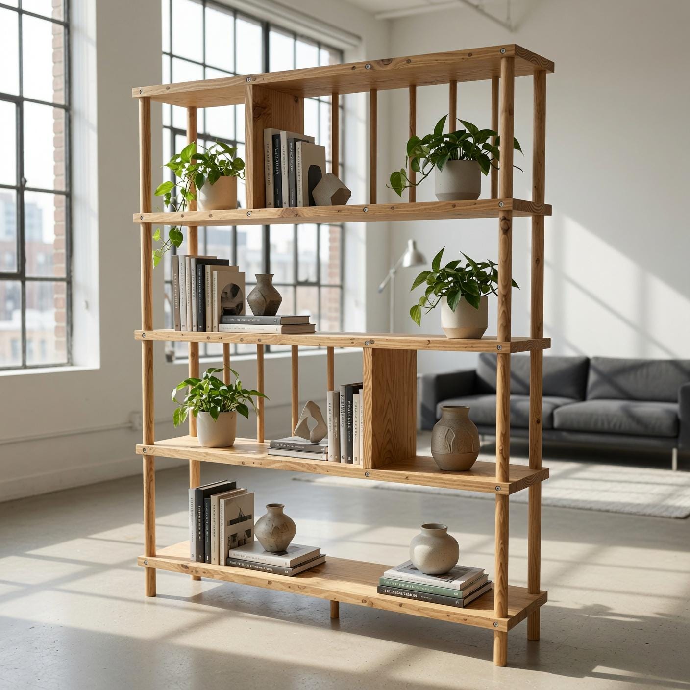 Handmade Solid Pine Bookcase with Vertical Rod Design