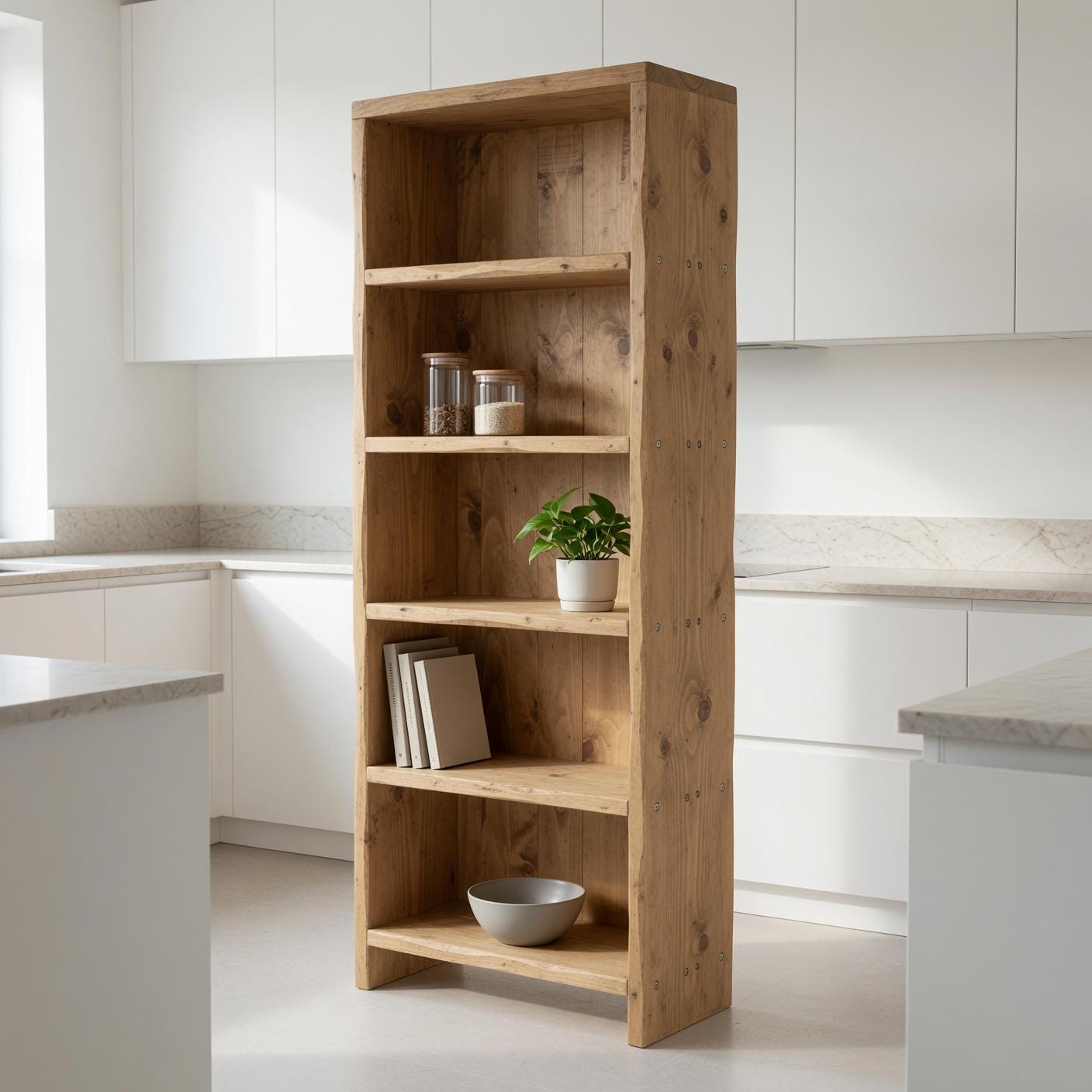 Solid Pine 5-Shelf Bookshelf, Natural Rustic Minimalist Storage Rack