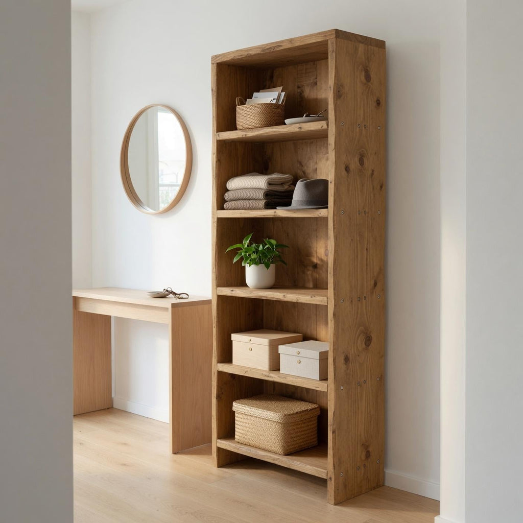 Solid Pine 5-Shelf Bookshelf, Natural Rustic Minimalist Storage Rack