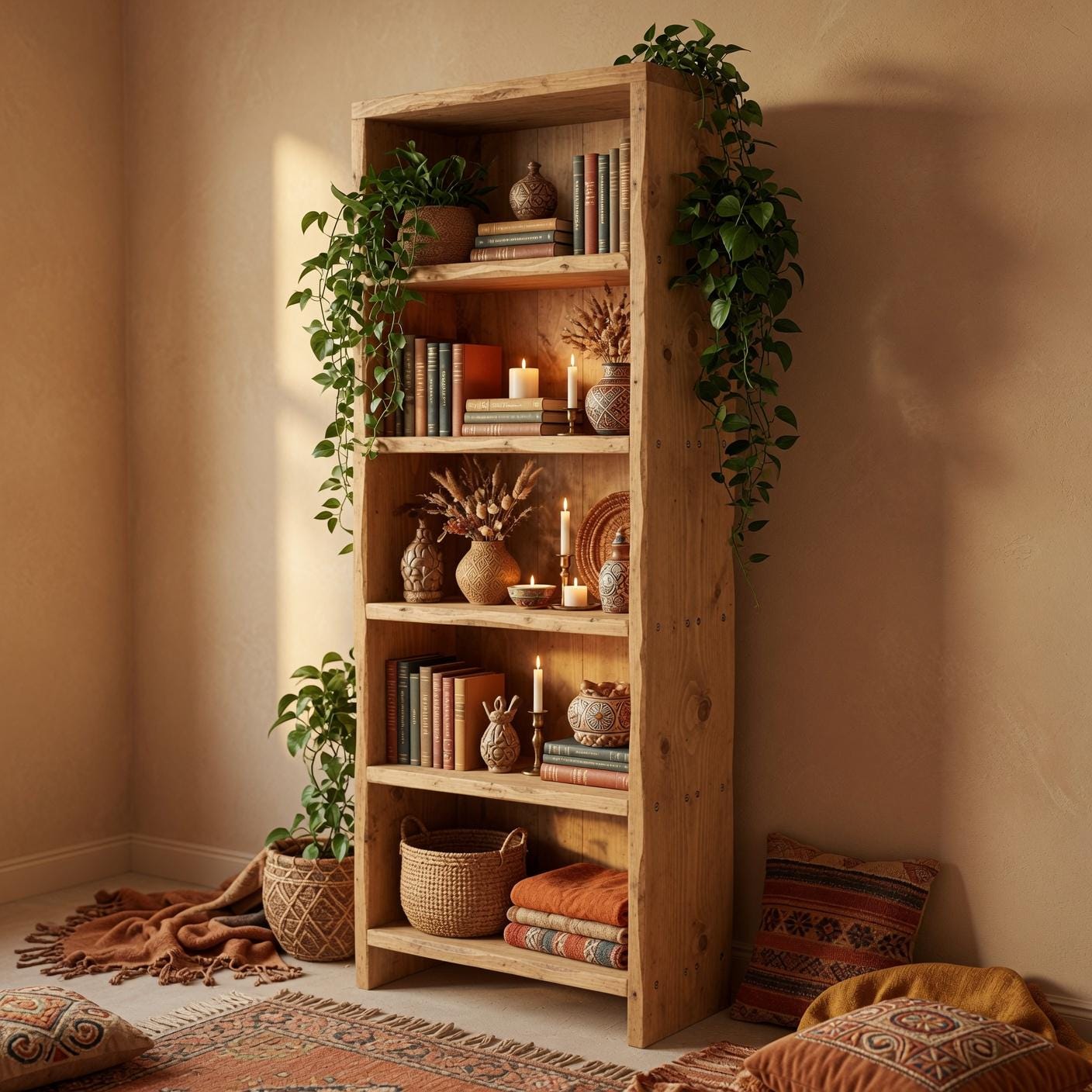 Solid Pine 5-Shelf Bookshelf, Natural Rustic Minimalist Storage Rack