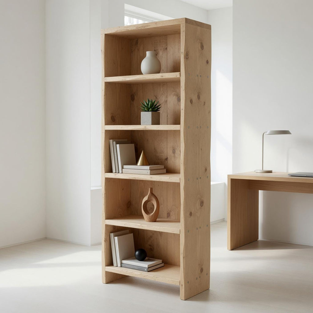 Solid Pine 5-Shelf Bookshelf, Natural Rustic Minimalist Storage Rack