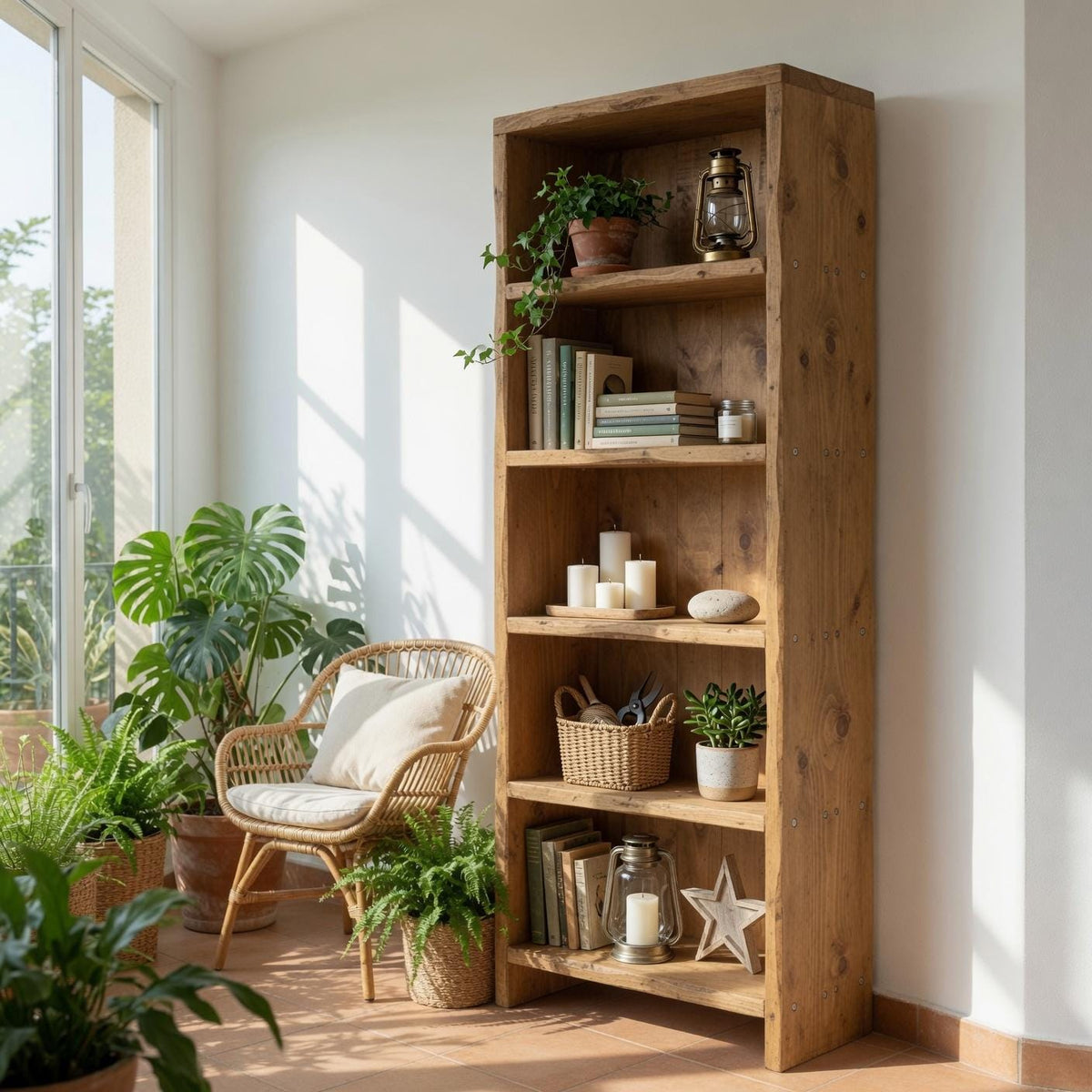 Solid Pine 5-Shelf Bookshelf, Natural Rustic Minimalist Storage Rack