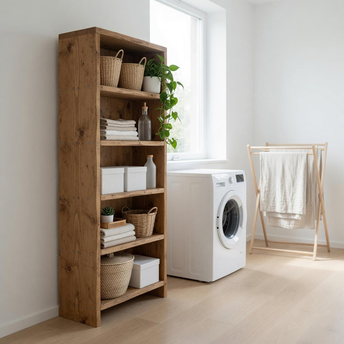 Solid Pine 5-Shelf Bookshelf, Natural Rustic Minimalist Storage Rack