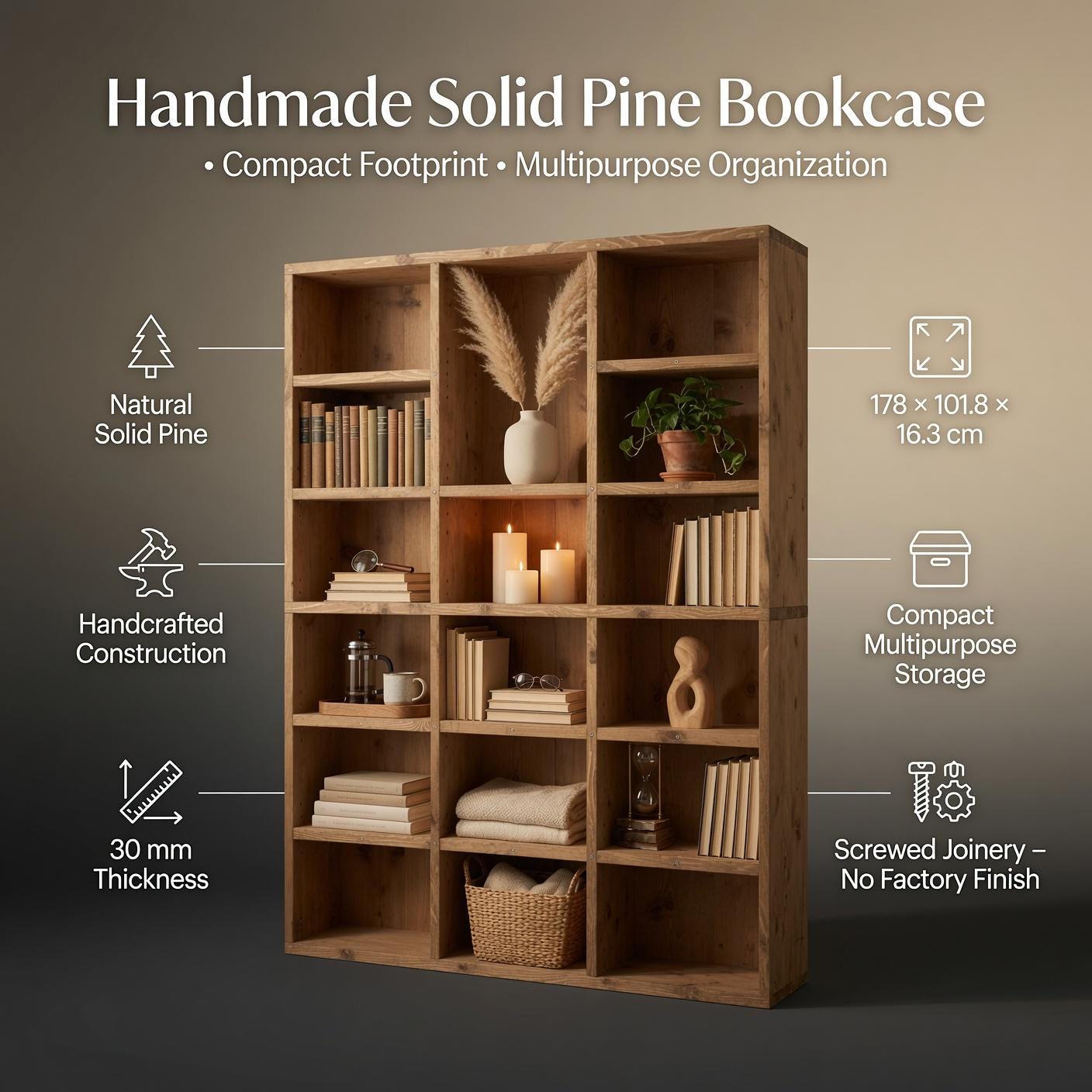 Solid Pine Wood Bookshelf, Rustic Multi-Shelf Storage Rack, Natural Modern Furniture