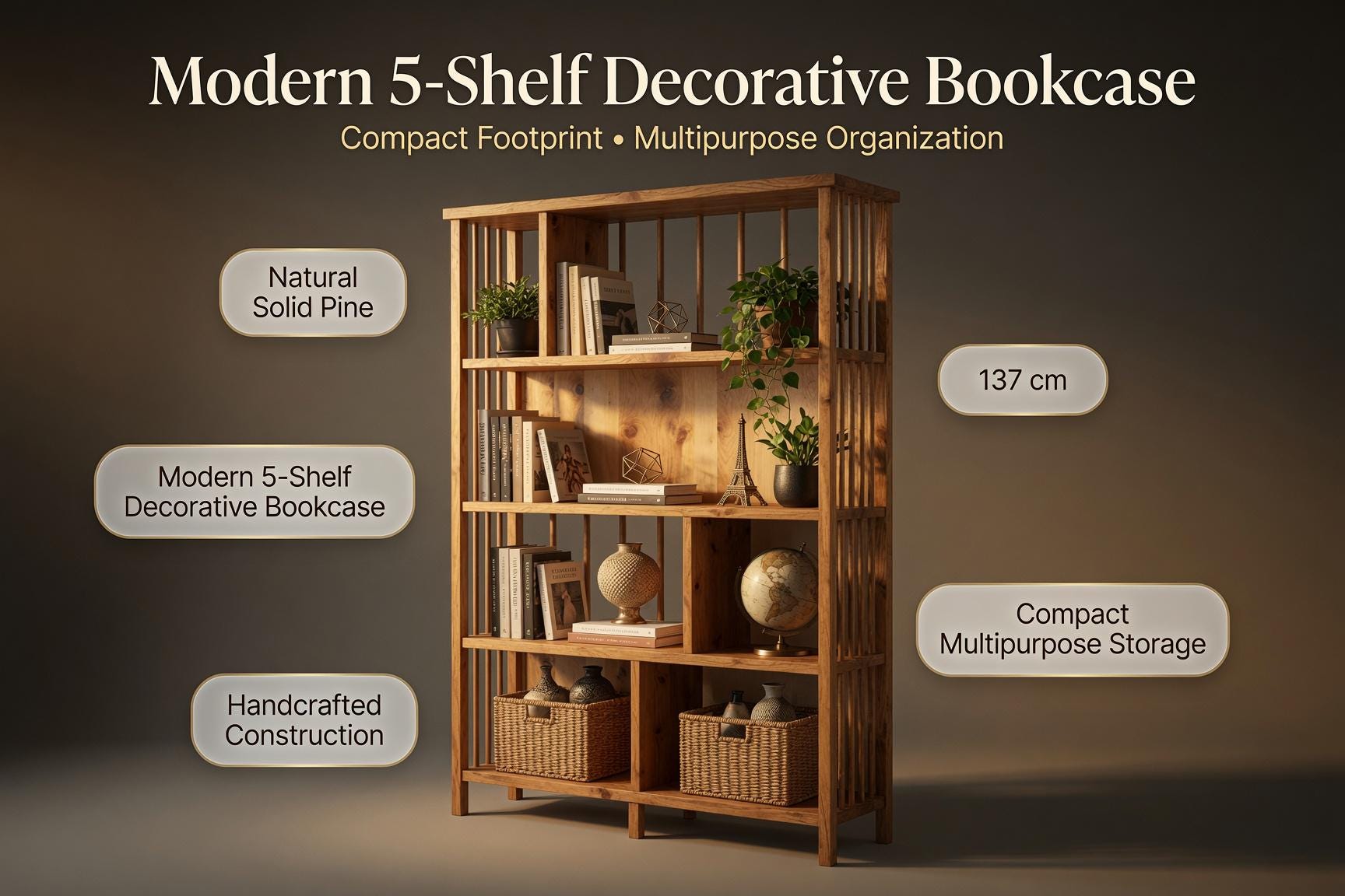 Natural Pine Bookshelf, Rustic Modern Storage Rack, Living Room Office Furniture