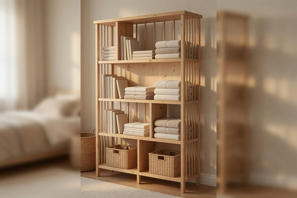Natural Pine Bookshelf, Rustic Modern Storage Rack, Living Room Office Furniture