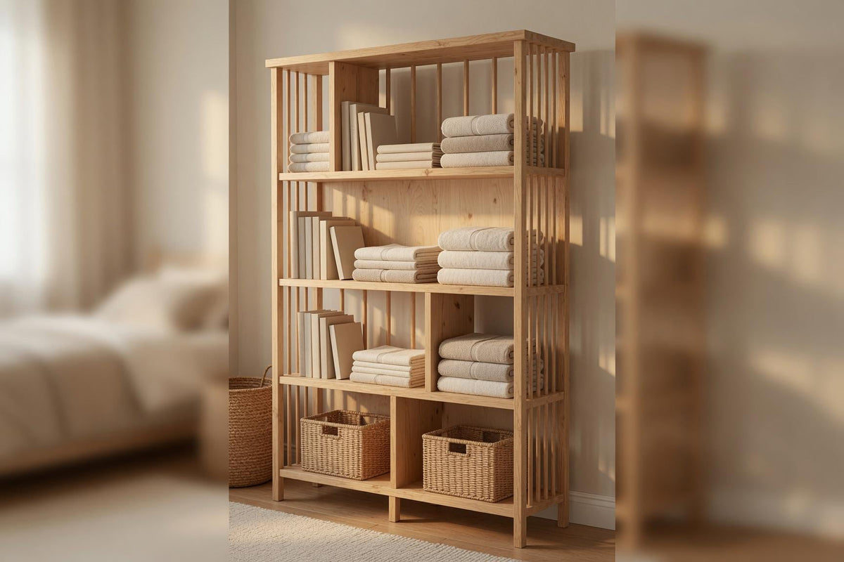Natural Pine Bookshelf, Rustic Modern Storage Rack, Living Room Office Furniture