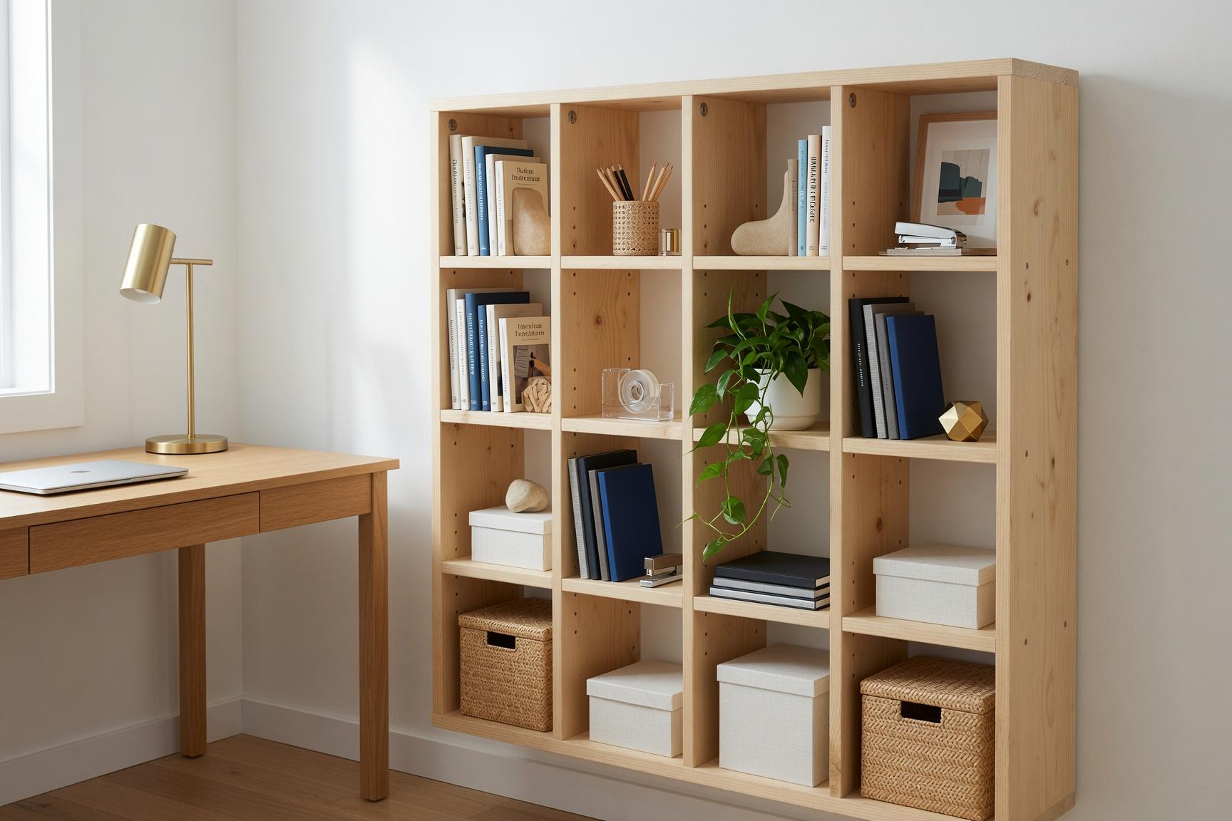 Natural Pine Bookshelf, Rustic Modern Storage Rack, Living Room Office Furniture