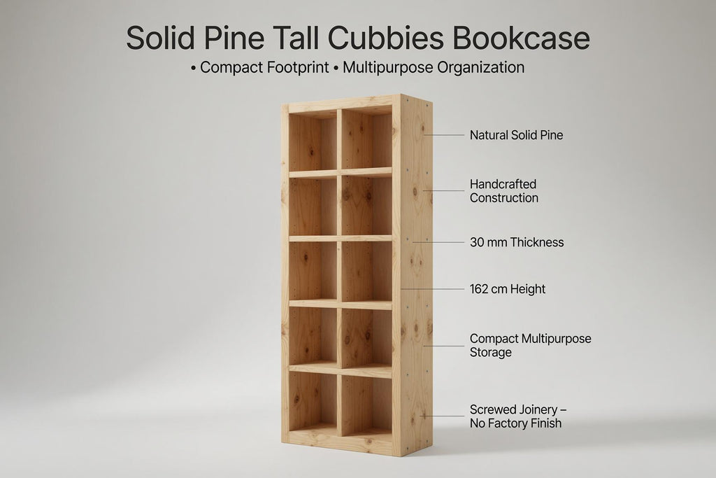 Natural Pine Bookshelf, Rustic Modern 5x2 Shelving Unit, Living Room Storage Rack