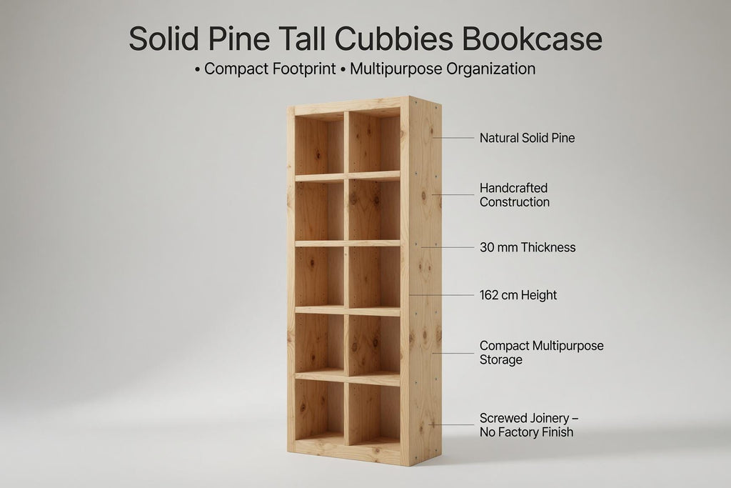 Natural Pine Bookshelf, Rustic Modern 5x2 Shelving Unit, Living Room Storage Rack