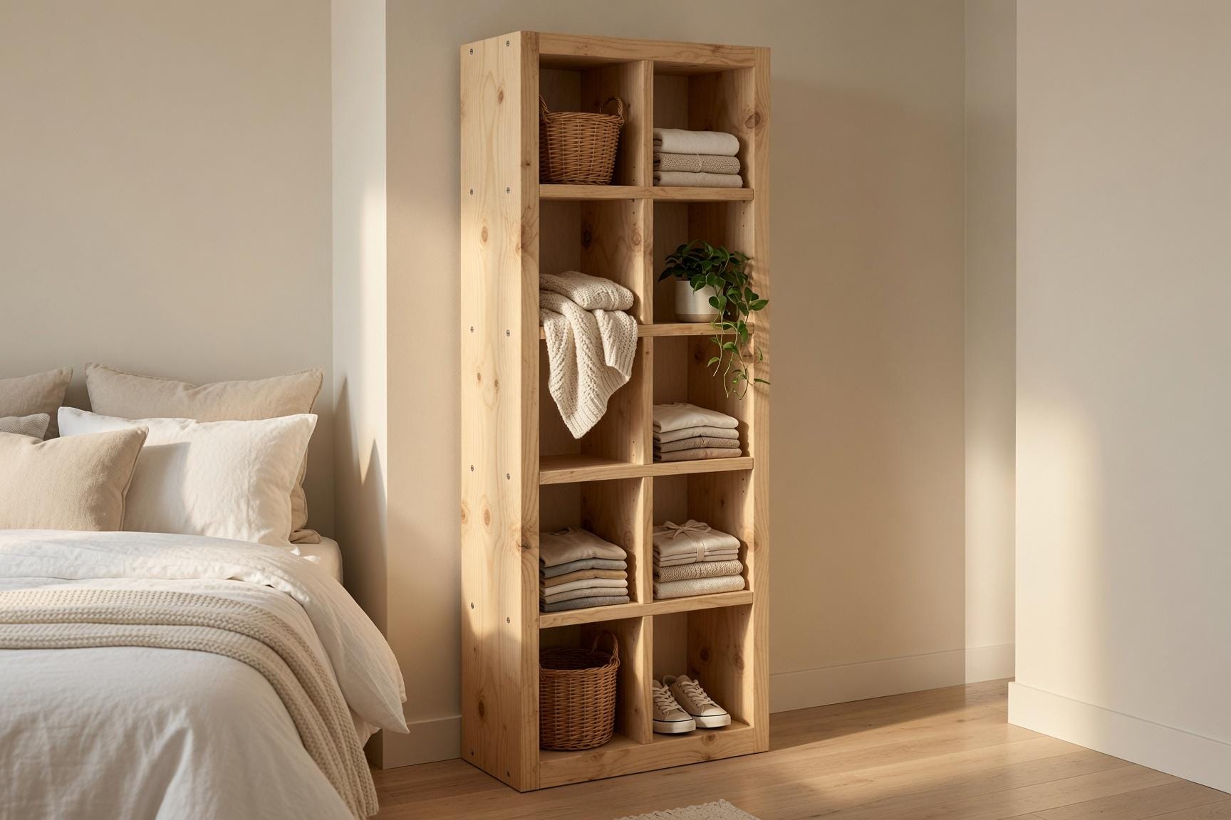 Natural Pine Bookshelf, Rustic Modern 5x2 Shelving Unit, Living Room Storage Rack