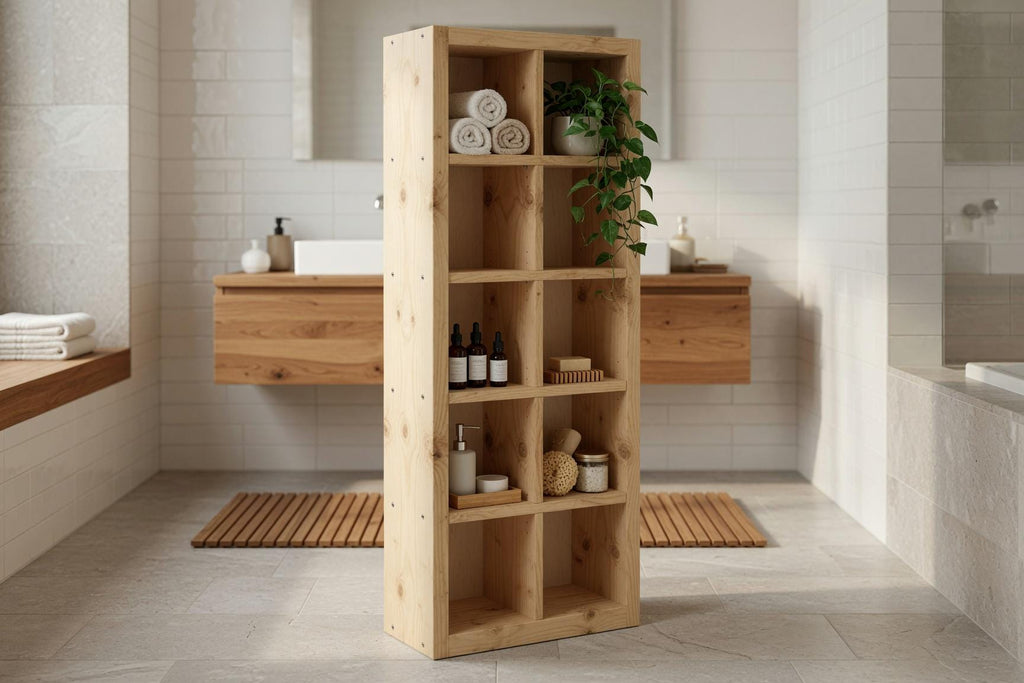 Natural Pine Bookshelf, Rustic Modern 5x2 Shelving Unit, Living Room Storage Rack