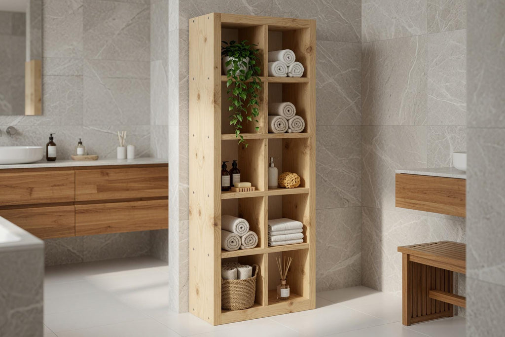 Natural Pine Bookshelf, Rustic Modern 5x2 Shelving Unit, Living Room Storage Rack