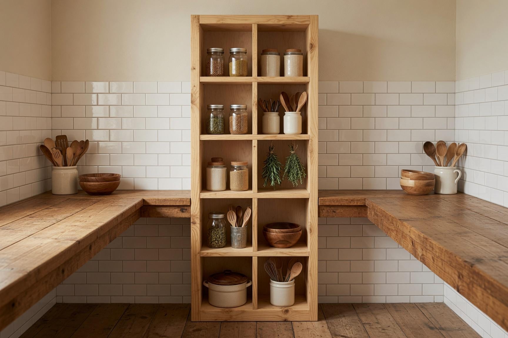 Natural Pine Bookshelf, Rustic Modern 5x2 Shelving Unit, Living Room Storage Rack