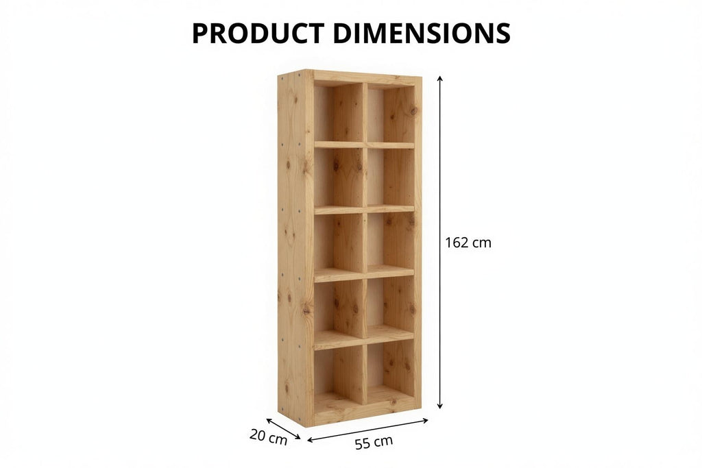 Natural Pine Bookshelf, Rustic Modern 5x2 Shelving Unit, Living Room Storage Rack