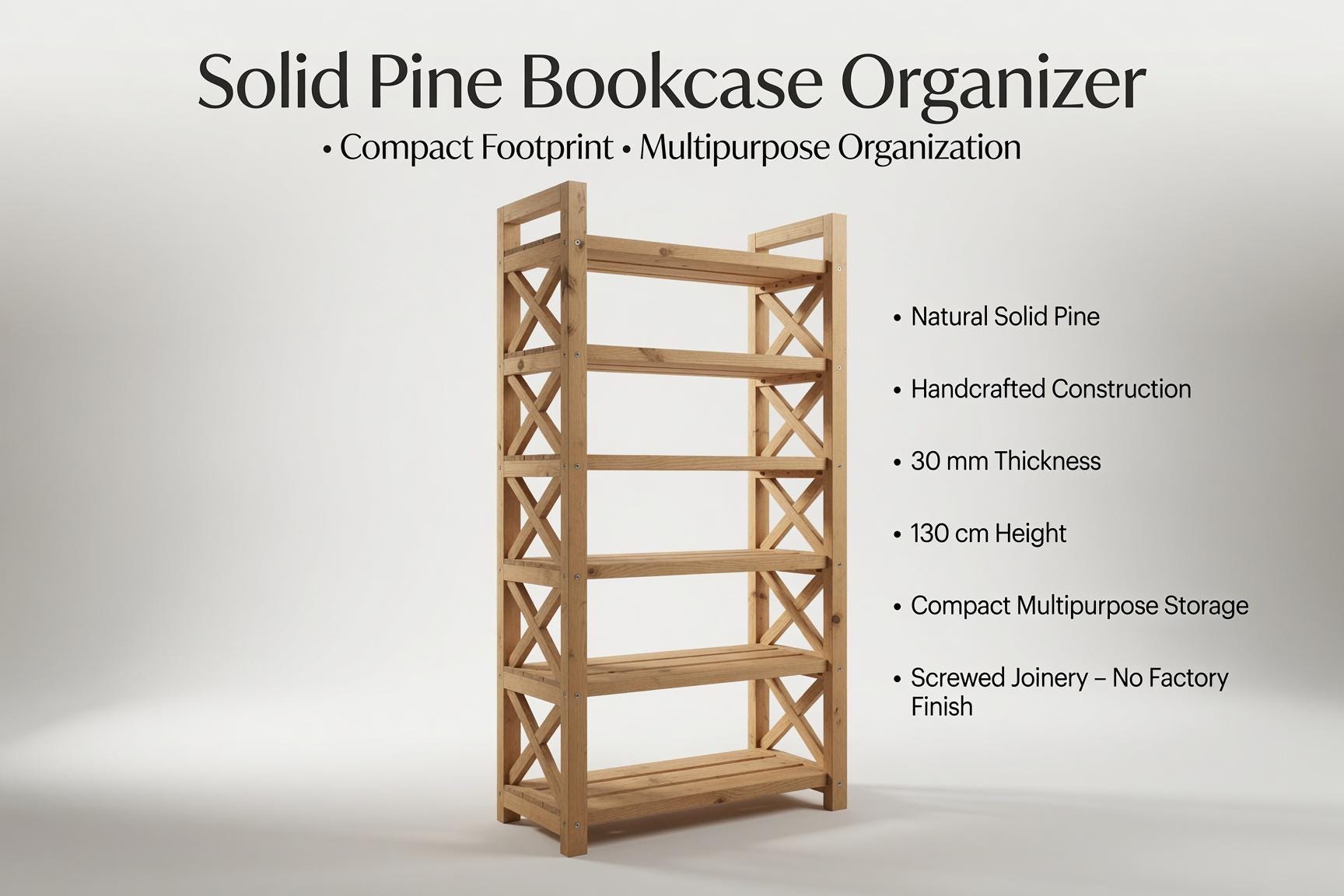 Natural Pine Wood Bookshelf, Rustic Modern 5-Shelf Storage Rack