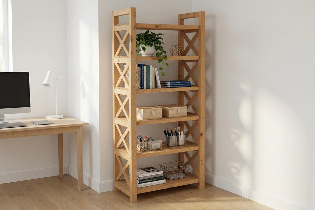 Natural Pine Wood Bookshelf, Rustic Modern 5-Shelf Storage Rack