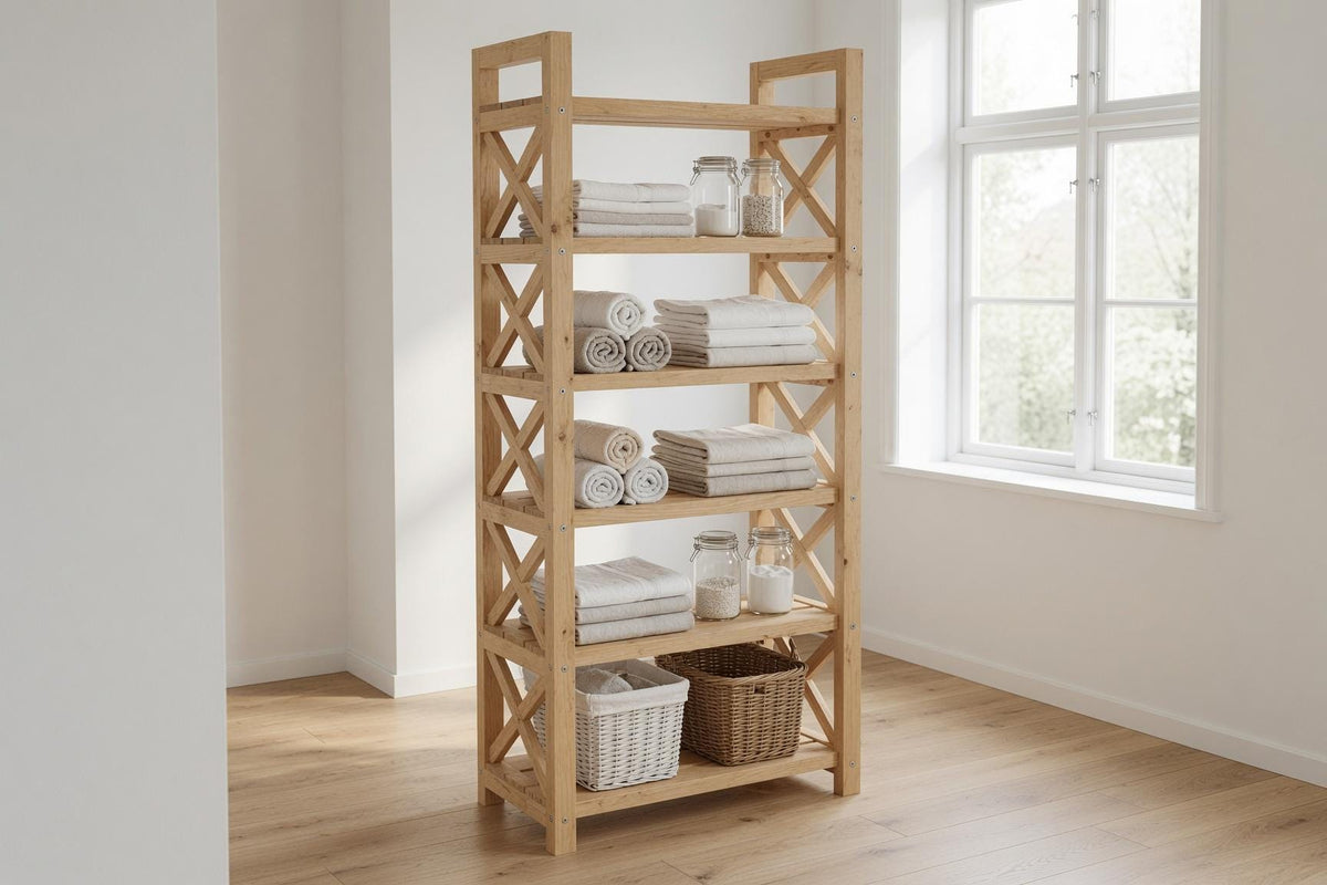 Natural Pine Wood Bookshelf, Rustic Modern 5-Shelf Storage Rack