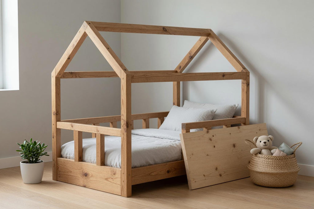 Solid Pine House Bed Frame for Kids | Montessori Floor Bed (141x71x112 cm)