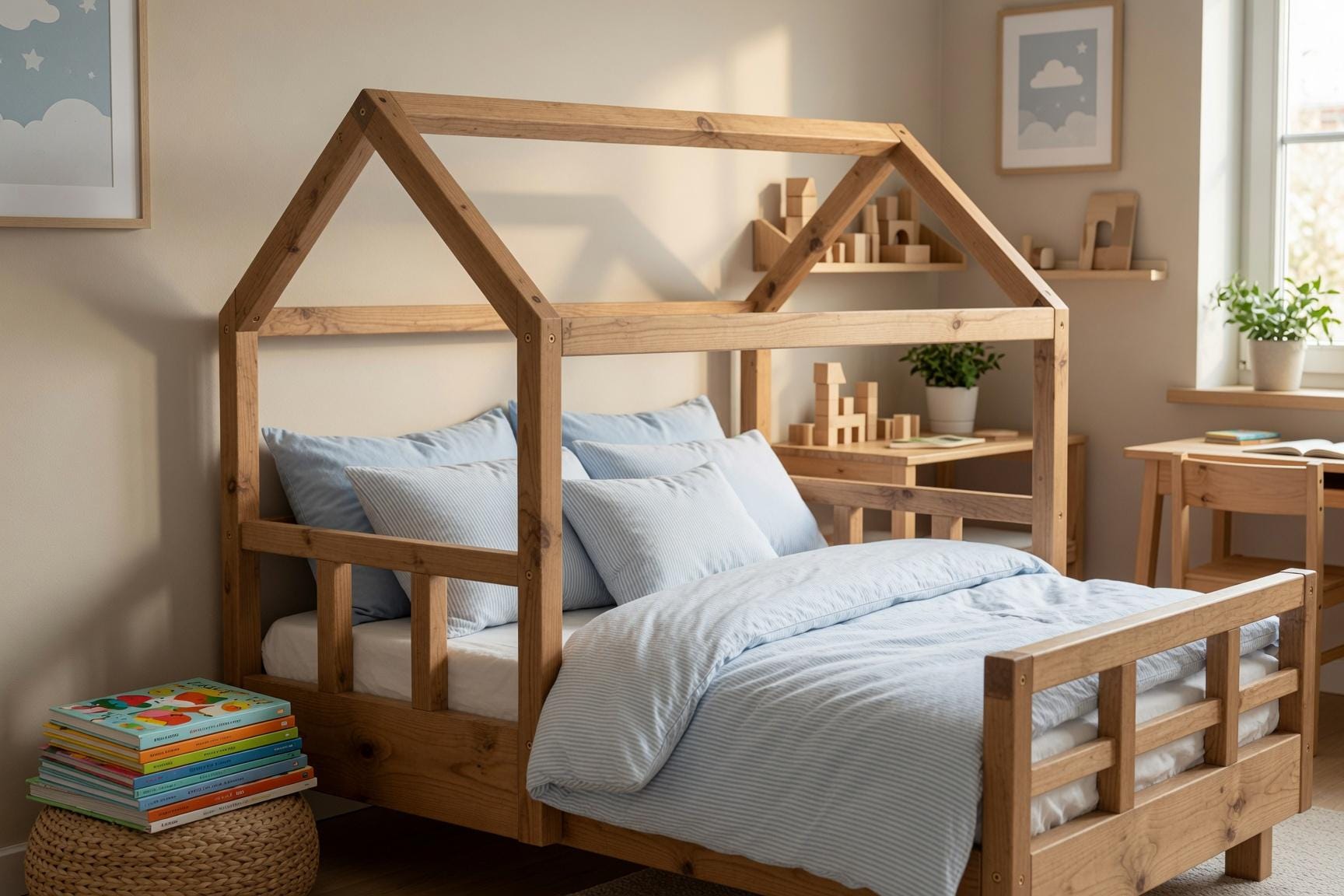 Solid Pine House Bed Frame for Kids | Montessori Floor Bed (141x71x112 cm)