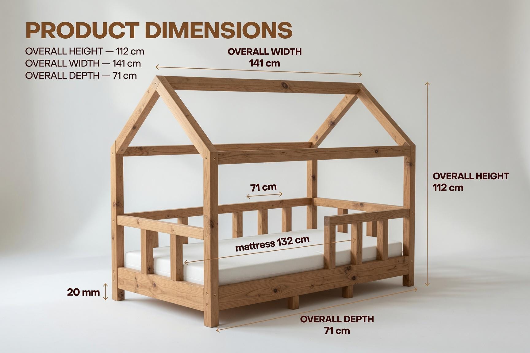 Solid Pine House Bed Frame for Kids | Montessori Floor Bed (141x71x112 cm)