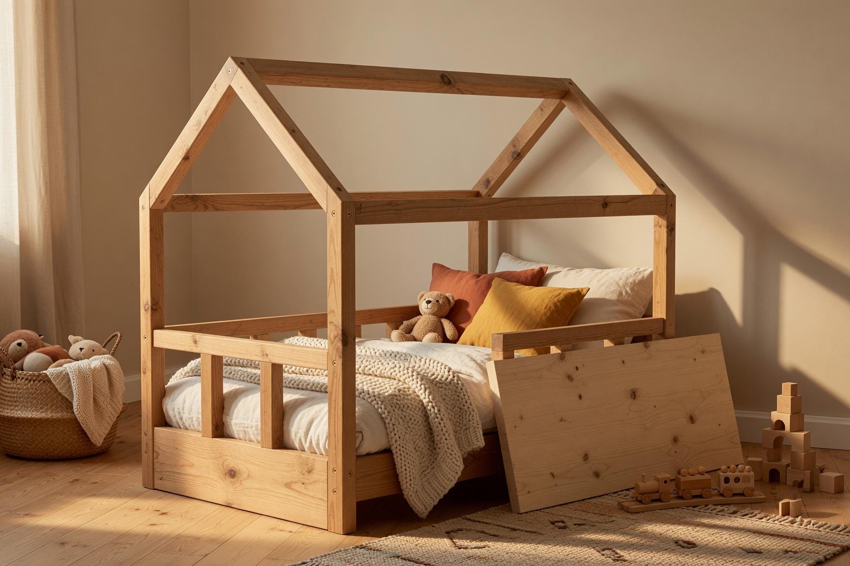 Solid Pine House Bed Frame for Kids | Montessori Floor Bed (141x71x112 cm)